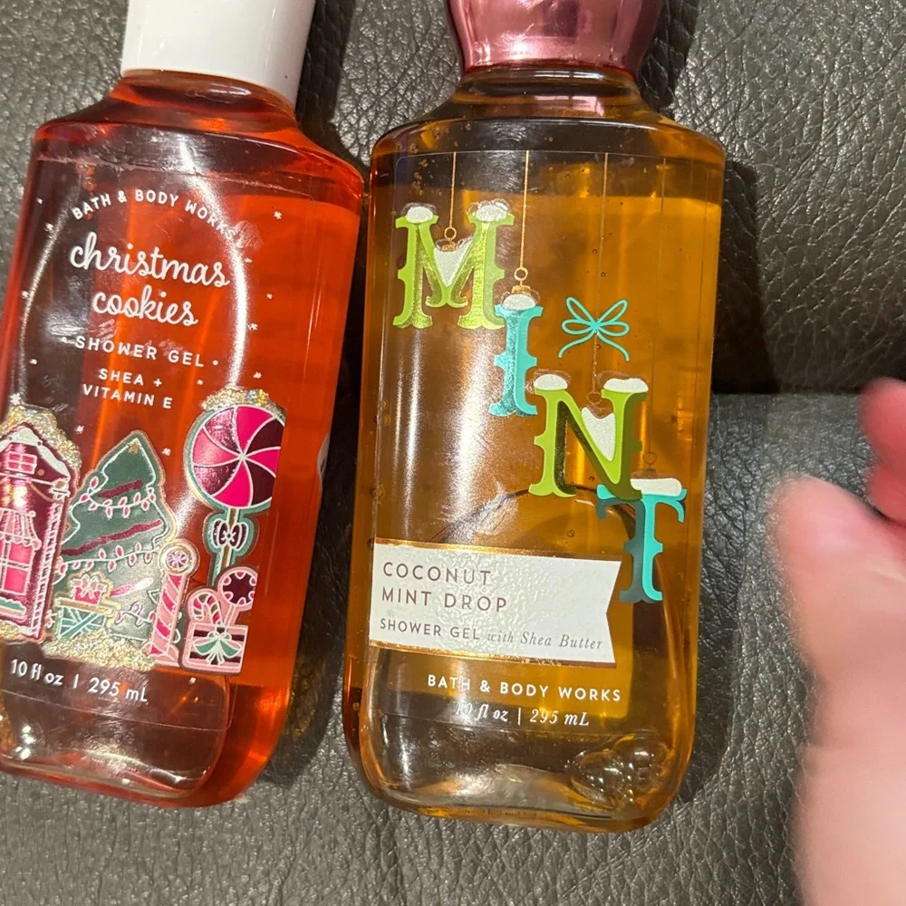 Bath and body holiday shower gels in Christmas cookies and coconut mint drop